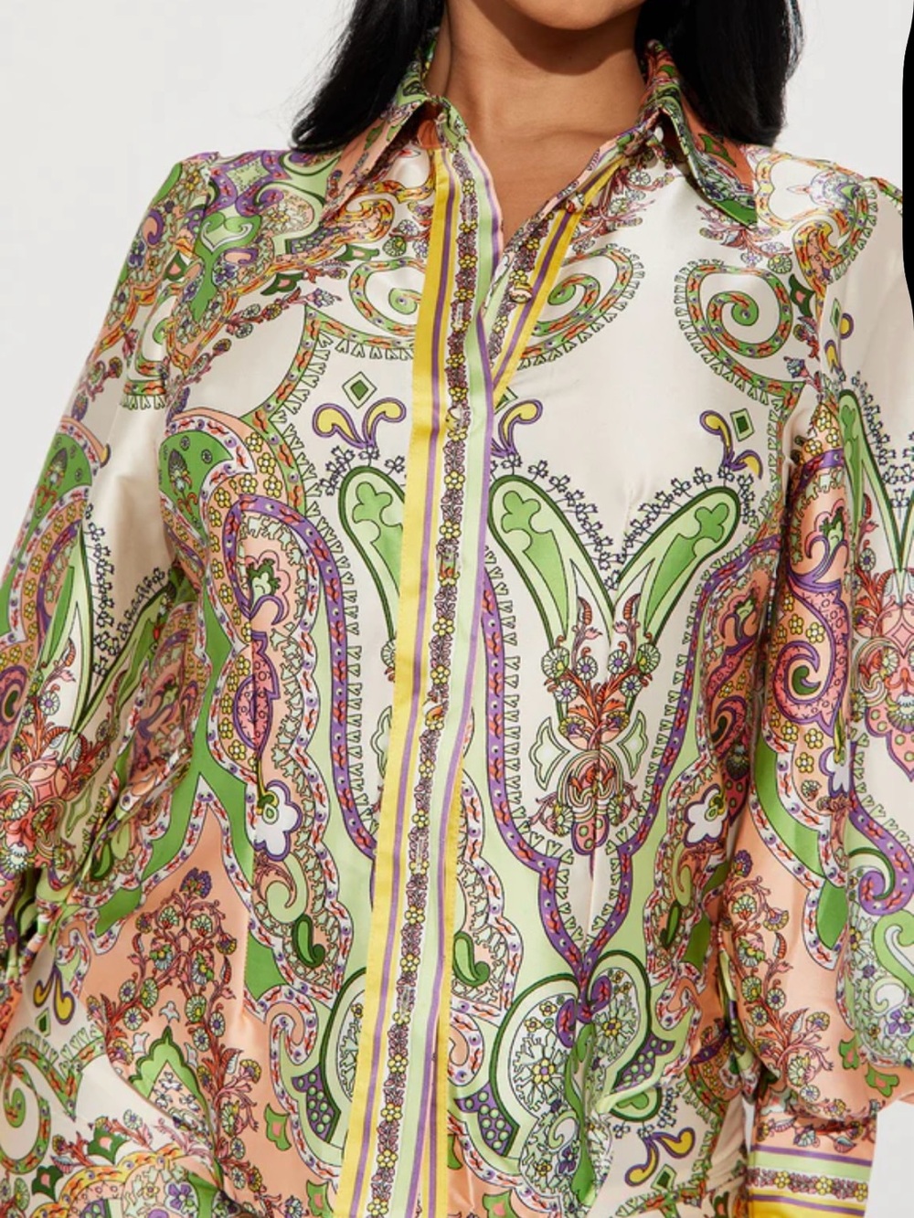 Fashion Nova Paisley Button-Down Shirt in Cream, Green, Pink, Peach, Purple